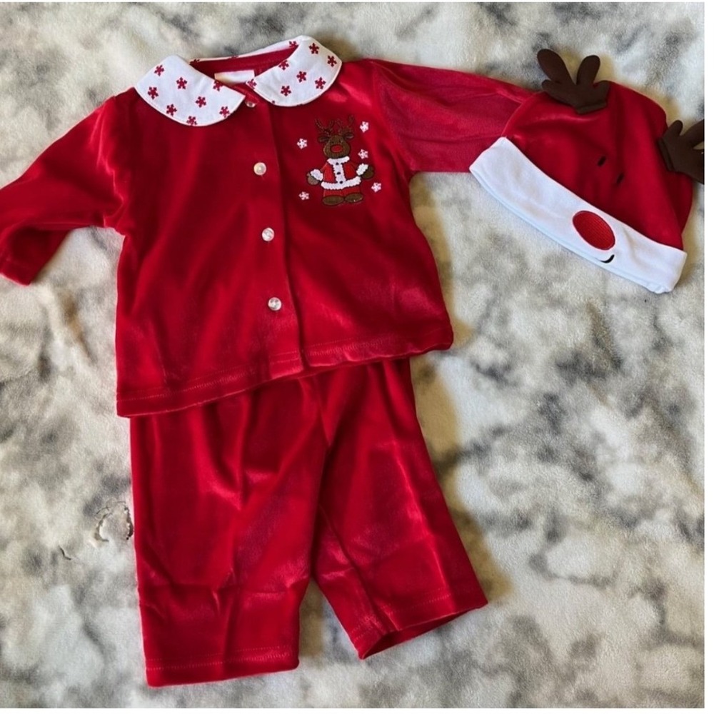 Baby Christmas Reindeer 3Pc Layette Set 0-3 Months Red Outfit Hat NWT